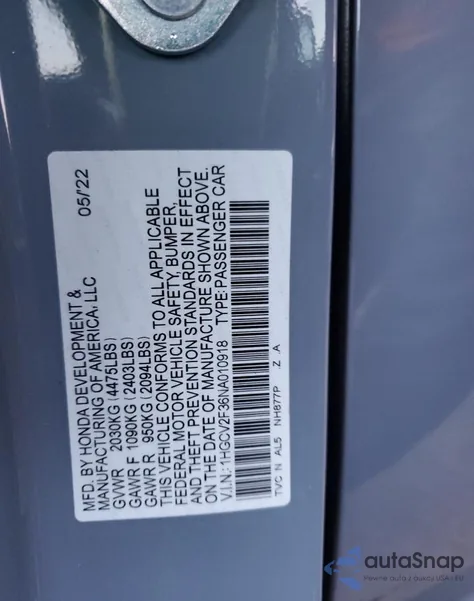 2022 Honda Accord Sport z USA, uszkodzony, nr VIN 1HGCV2F36NA010918